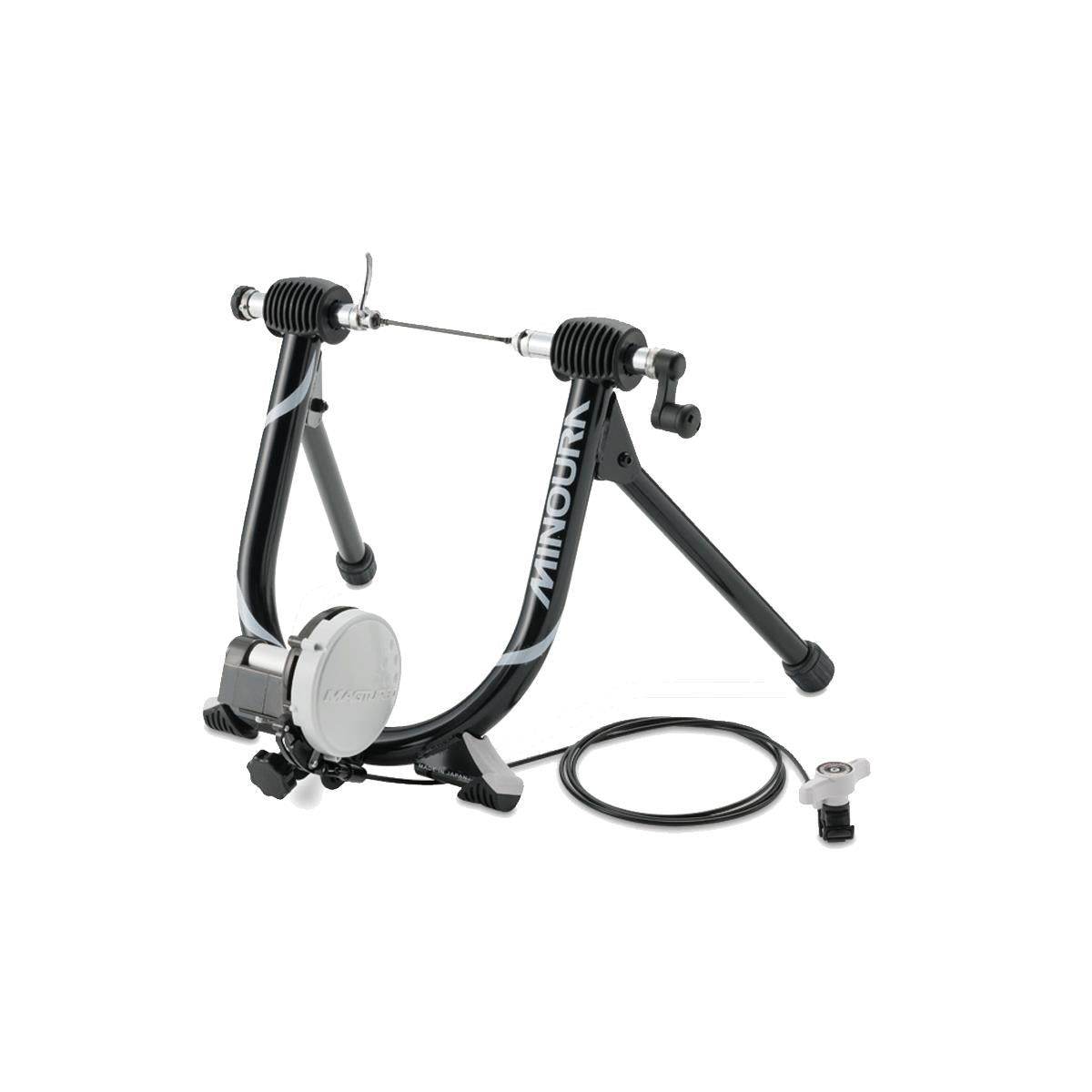 Minoura MagRide B60R 7-level magnetic turbo trainer with road bike, showing handlebar-mounted remote resistance lever