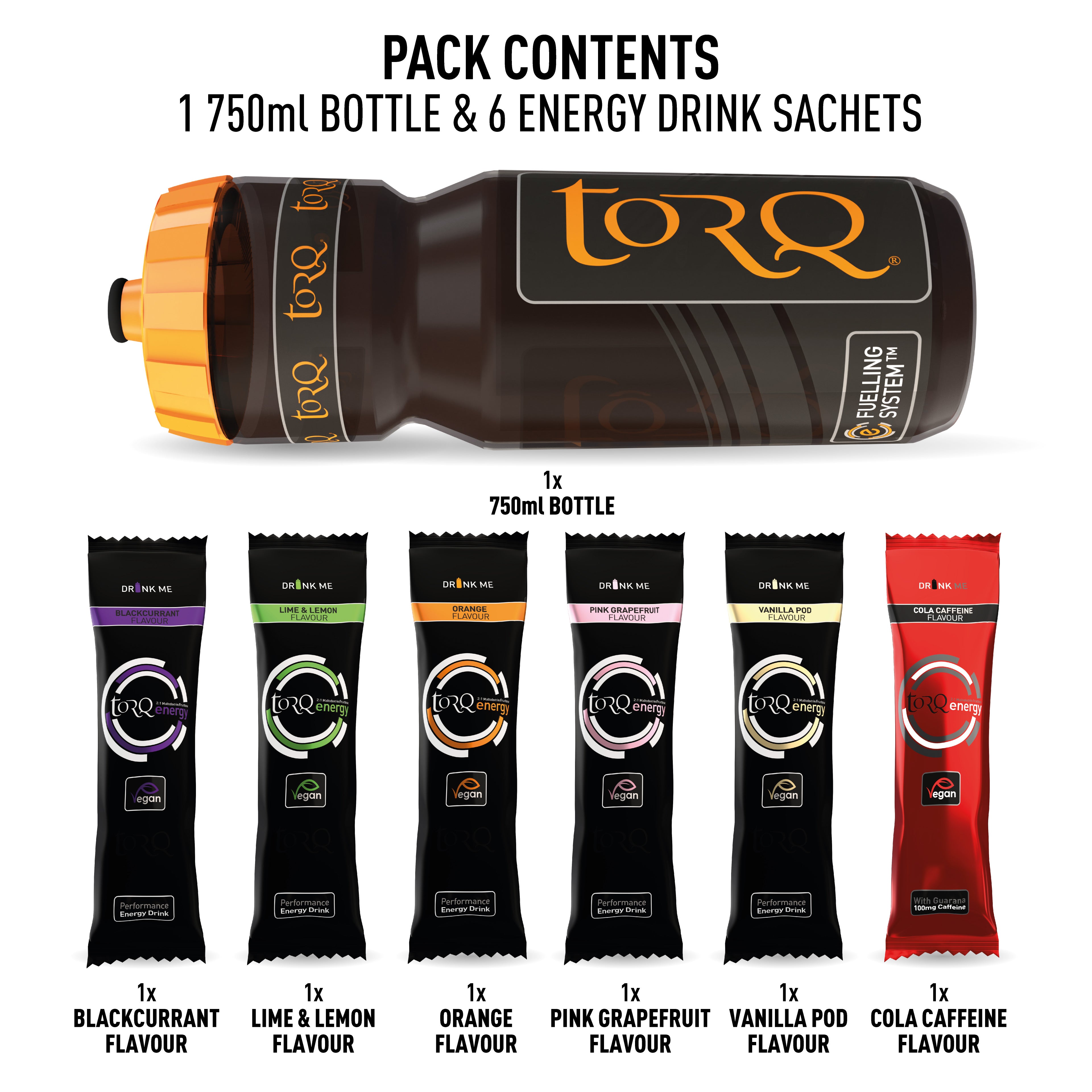 TORQ Energy 750ml Bottle Sample Pack - 6 Drinks (5 x Standard, 1 x Caffeinated) — sports nutrition